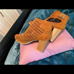 Open Toed Brown Suede Heels